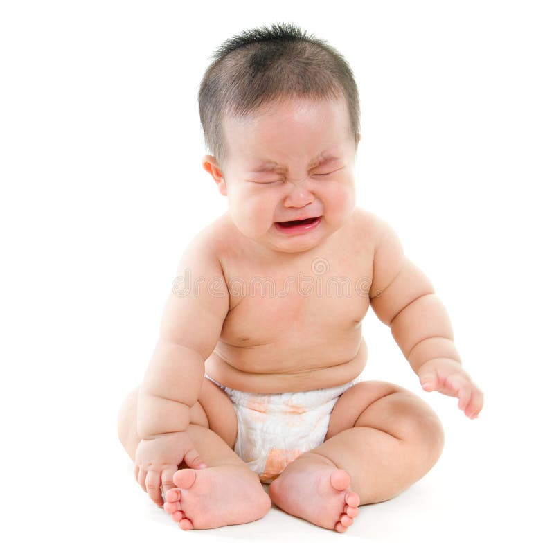 Full body hungry Asian baby boy crying, sitting on white background. Full body hungry Asian baby boy crying, sitting on white background