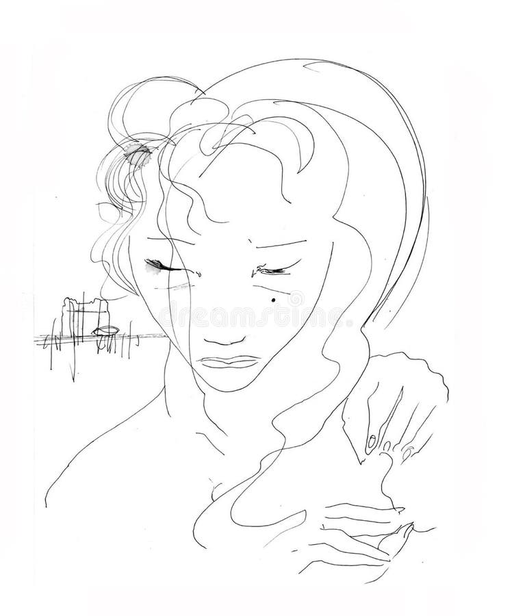 Crying girl ink line drawing. Crying girl ink line drawing.