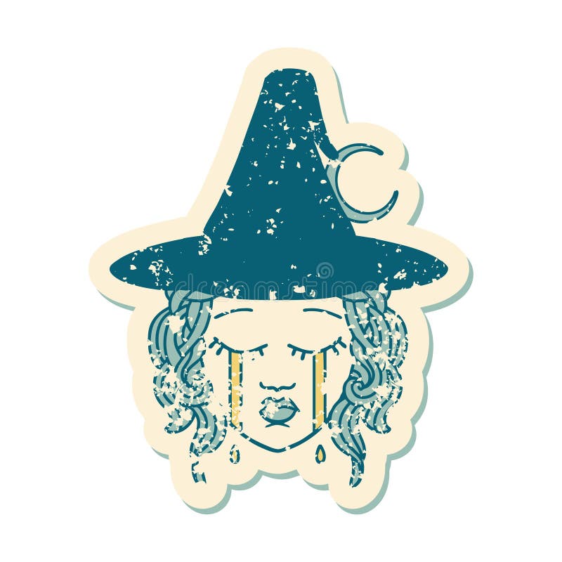 grunge sticker of a crying human witch character. grunge sticker of a crying human witch character