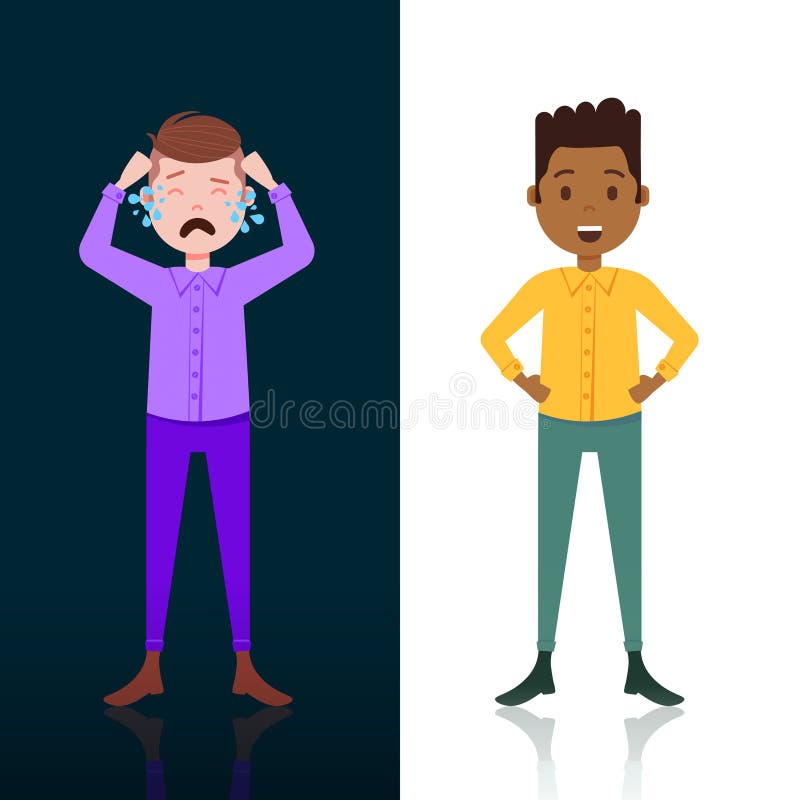 Crying and happy man character white dark side mix race male template for design work and animation full length vertical flat vector illustration. Crying and happy man character white dark side mix race male template for design work and animation full length vertical flat vector illustration