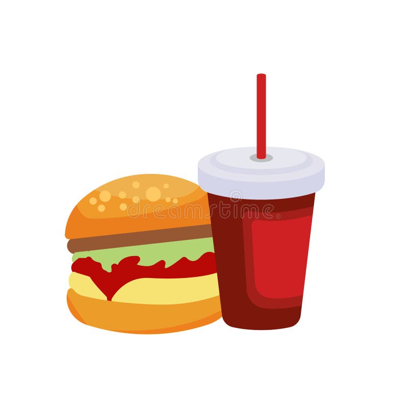 Płaska ikona pysznych hamburgerów i napojów fast food ilustracji