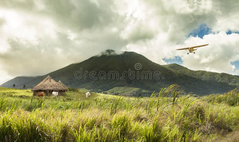 Płaski latanie nad budami w dalekiej tropikalnej lokaci
