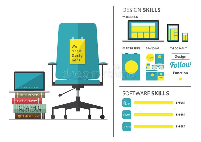 Flat design of job hiring for graphic designer. Wording We Need Designer on chair. Resume and infographic element. Vector Illustration. Flat design of job hiring for graphic designer. Wording We Need Designer on chair. Resume and infographic element. Vector Illustration.