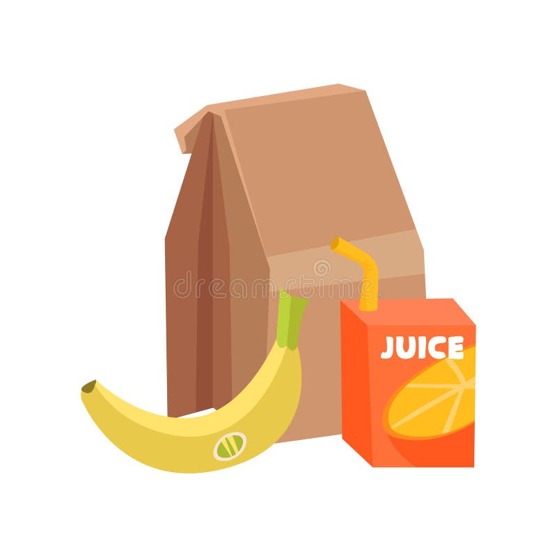 Płaski wektorowy skład szkolny lunch Papierowa torba, dojrzały banan i pudełko sok z pić słomę, zdrowe jeść