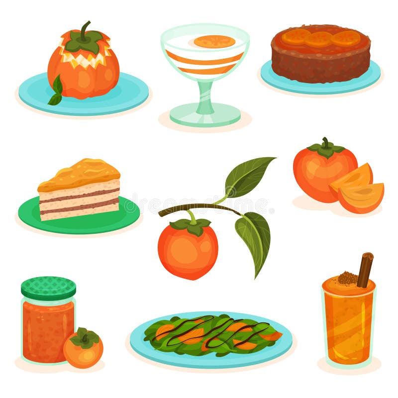 Płaski wektorowy ustawiający persimmon napoje i desery Torty, jogurt i smoothie, Słodka i smakowita owoc Sałatka, bank dżem ilustracji Płaski wektorowy ustawiający persimmon napoje i desery Torty, jogurt i smoothie, Słodka i smakowita owoc Sałatka, bank dżem ilustracji