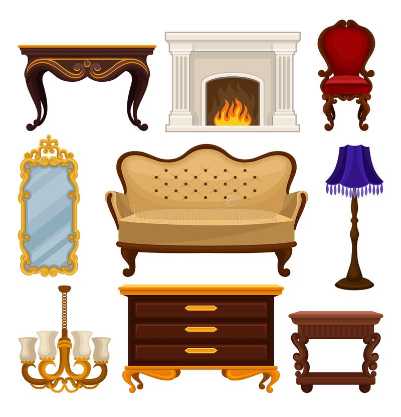 Płaski wektorowy ustawiający rocznika meble Antykwarska kanapa, krzesło i nightstand, klasyczny graby, stołowego i drewnianego, ś