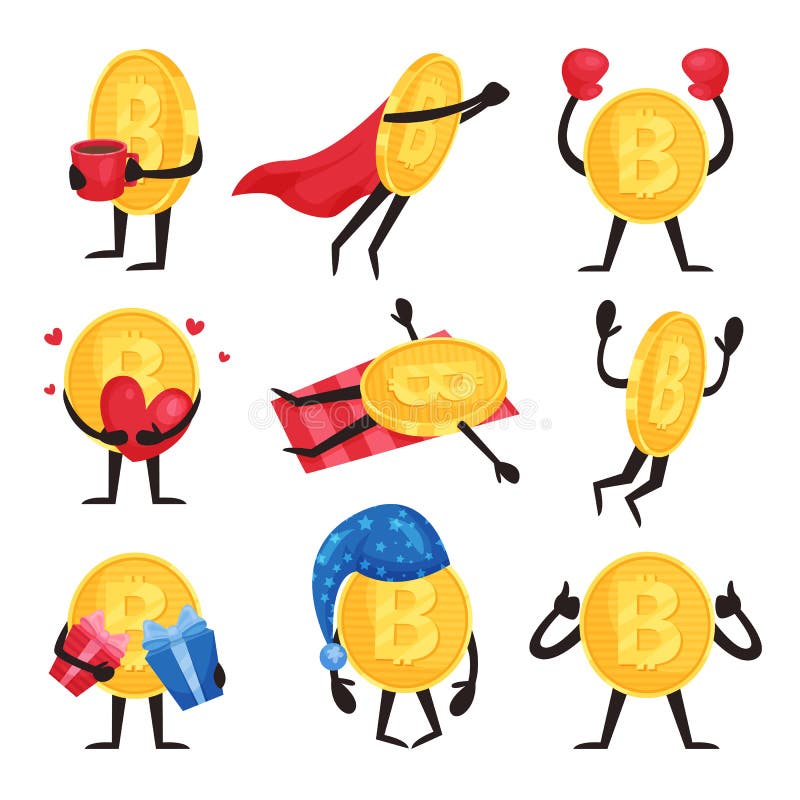 Płaski wektorowy ustawiający złote monety z rękami i nogami w różnych akcjach Kreskówki bitcoin charaktery z filiżanką ilustracji Płaski wektorowy ustawiający złote monety z rękami i nogami w różnych akcjach Kreskówki bitcoin charaktery z filiżanką ilustracji