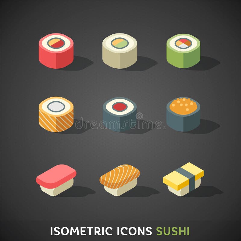 Płaskie Isometric ikony Ustawiają suszi ilustracja wektor Płaskie Isometric ikony Ustawiają suszi ilustracja wektor