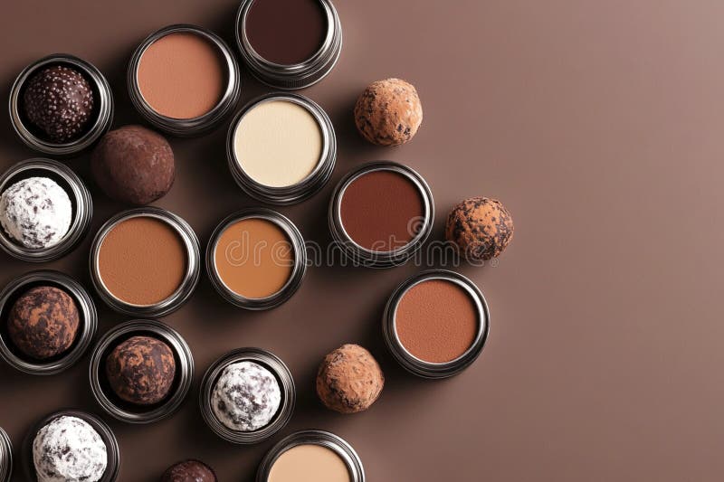 Płaskie leżakowanie różnych trufli czekoladowych i prochów makijażowych w bogatych tonach mocha tworzących harmonijne i eleganckie fotografia stock