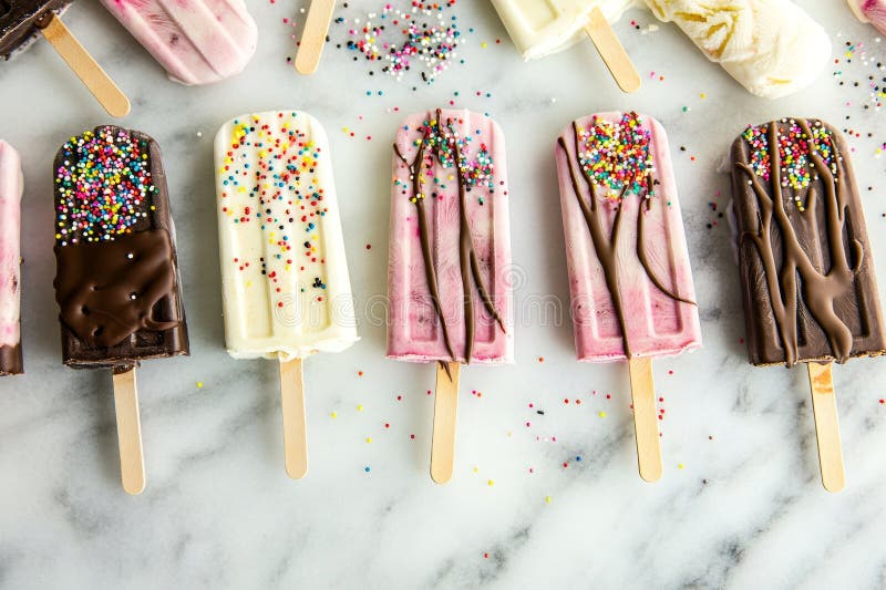 Płaskie łóżeczko zawiera różne lody, ukazujące żywe posypki i bogate wierzzle czekoladowe fotografia stock