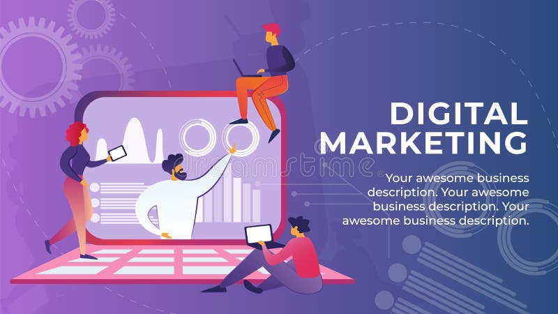 Płaskiemu sztandarowi Piszą Cyfrowej Marketingowej kreskówce royalty ilustracja Płaskiemu sztandarowi Piszą Cyfrowej Marketingowej kreskówce royalty ilustracja