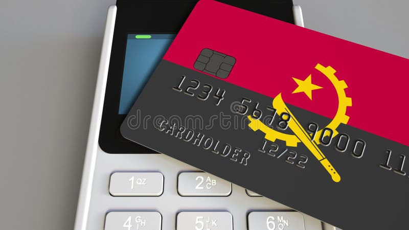Płatniczy śmiertelnie z kartą kredytową uwypukla flagę Angola Angolskiego krajowego systemu bankowego konceptualny 3D rendering ilustracji Płatniczy śmiertelnie z kartą kredytową uwypukla flagę Angola Angolskiego krajowego systemu bankowego konceptualny 3D rendering ilustracji