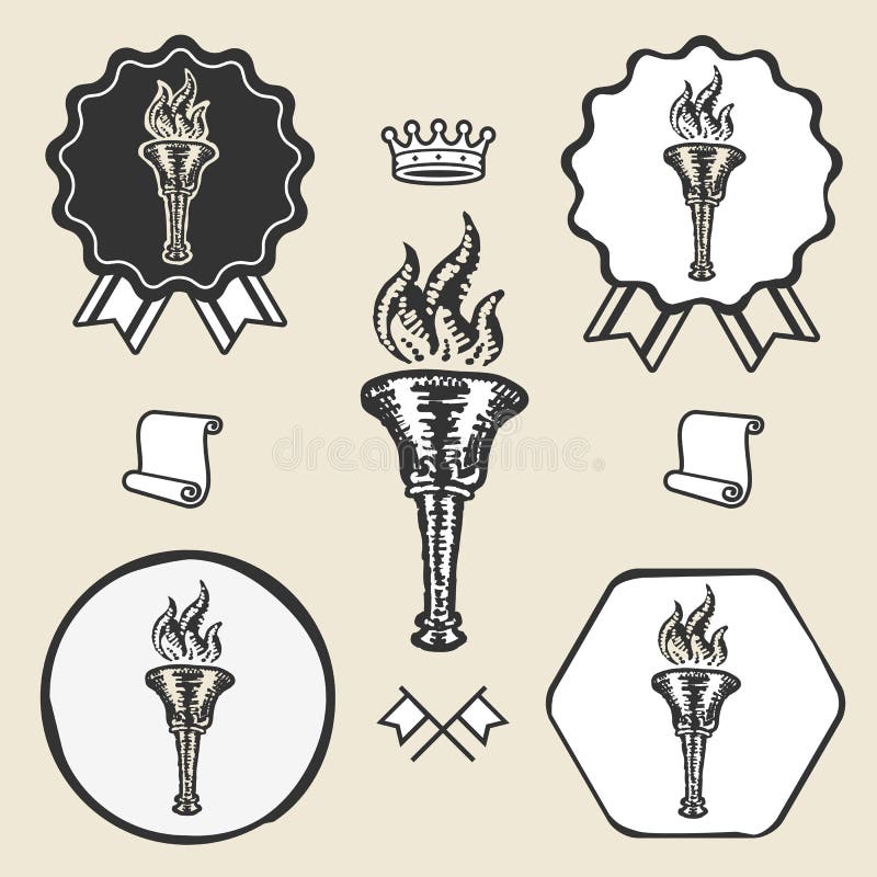 Płomień pochodni rocznika symbolu emblemata etykietki kolekcja ilustracja wektor
