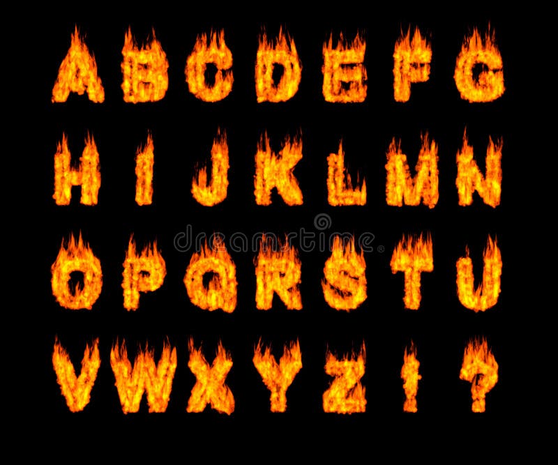 Set of burning Latin alphabet letters. Artistic font. Digital illustration isolated on black background. Set of burning Latin alphabet letters. Artistic font. Digital illustration isolated on black background.