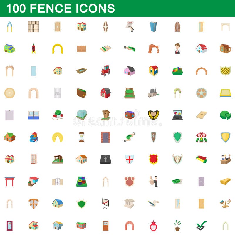 100 fence icons set in cartoon style for any design vector illustration. 100 fence icons set in cartoon style for any design vector illustration