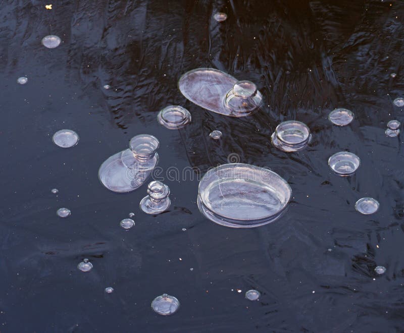 Bubbles in ice. Air frozen in thin ice of mountain lake. Bubbles in ice. Air frozen in thin ice of mountain lake