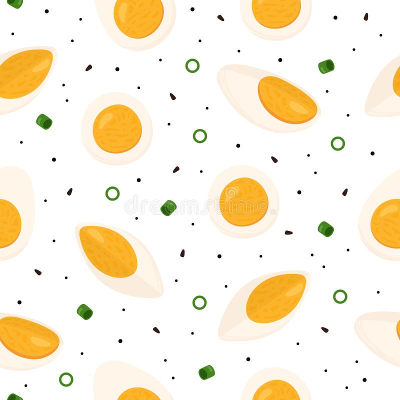 Seamless pattern with boiled egg slices and halves on a white background. White and yolk. Vector illustration. Seamless pattern with boiled egg slices and halves on a white background. White and yolk. Vector illustration