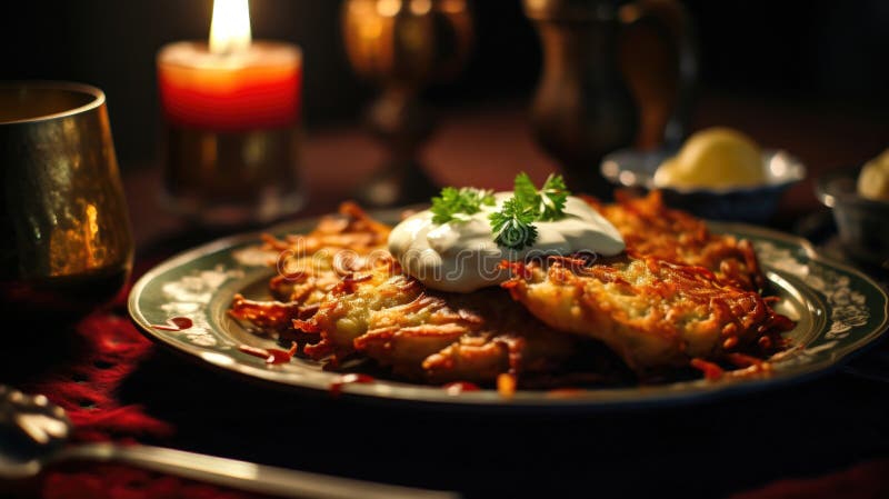 Płyta generowana przez ai latkes zachwyca tradycyjną kuchnię żydowską hanukkah ilustracji