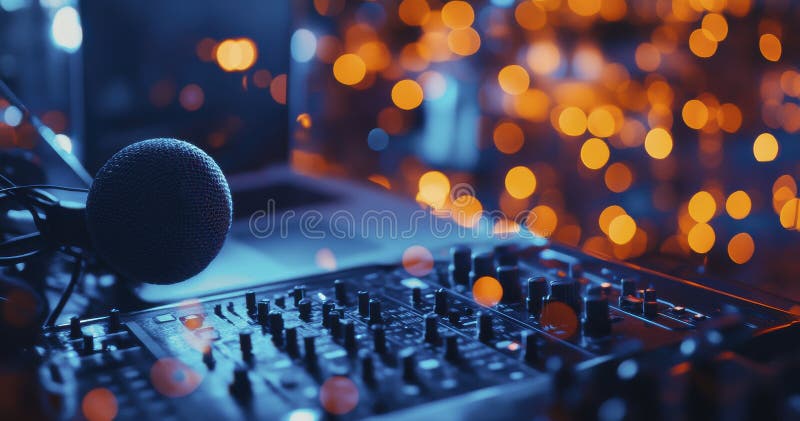Płyta miksująca audio i mikrofon z niebieskimi i pomarańczowymi bokeh światłami ilustracji