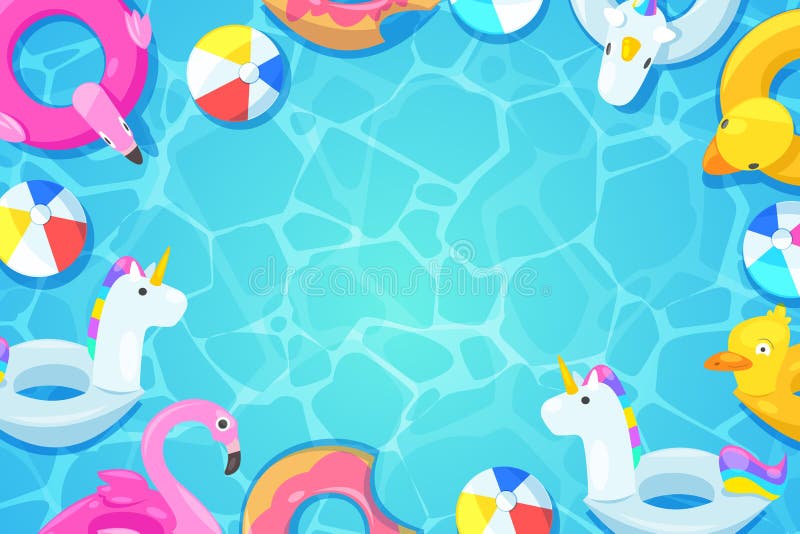 Pływackiego basenu rama Kolorowi pławiki w wodzie, wektorowa kreskówki ilustracja Dzieciaki bawją się flaminga, kaczka, pączek, j