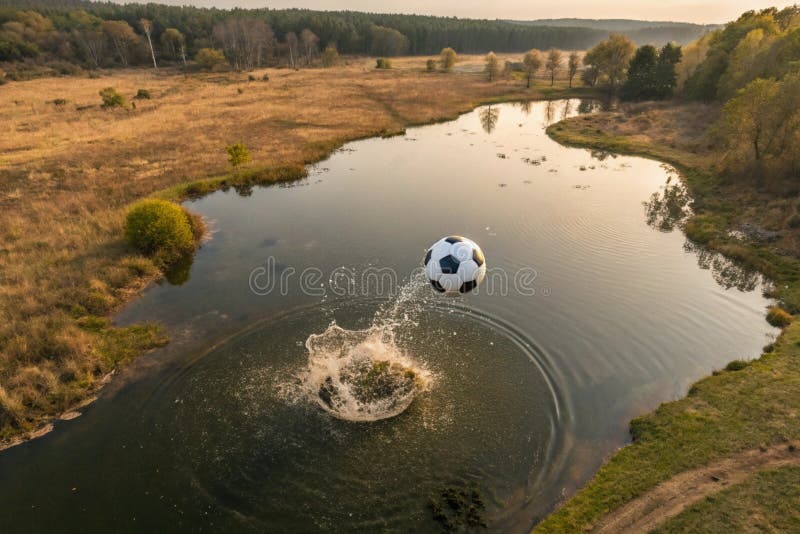 Pływająca piłka nożna z wodą Splash Drone Aerial View Earthy Tones generowane przez ai