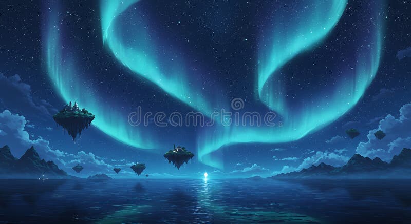 Pływające wyspy pod pachnącą aurorą borealis oświetlają nocne niebo. Rynek royalty ilustracja