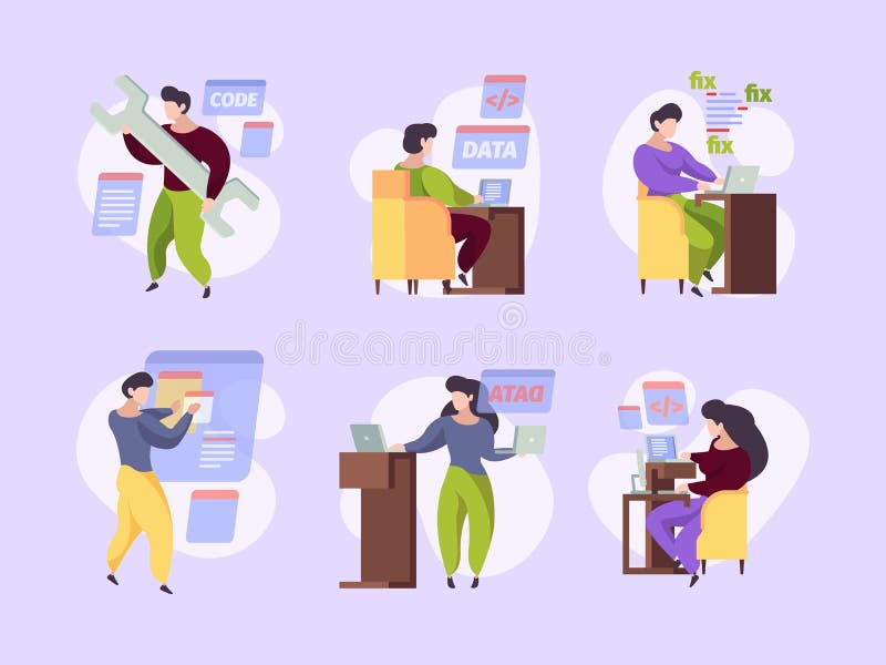 Qa. Characters Testing App Programmers Working Vector Illustrations ...