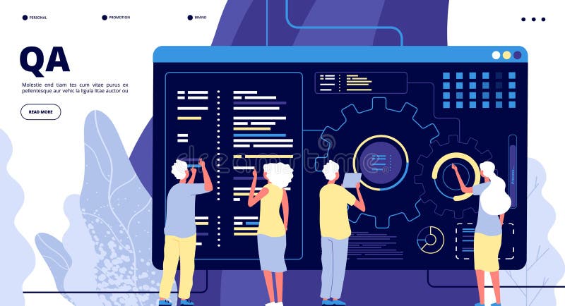 QA landing page. Testing quality assurance in software prototype. People fixing program code bugs in device. Vector vector illustration