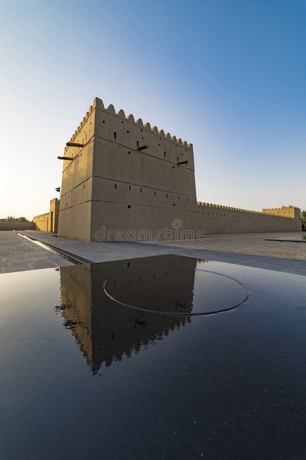 Qasr Al Muwaiji, View of the Restored Defensive Tower and Modern Fountain