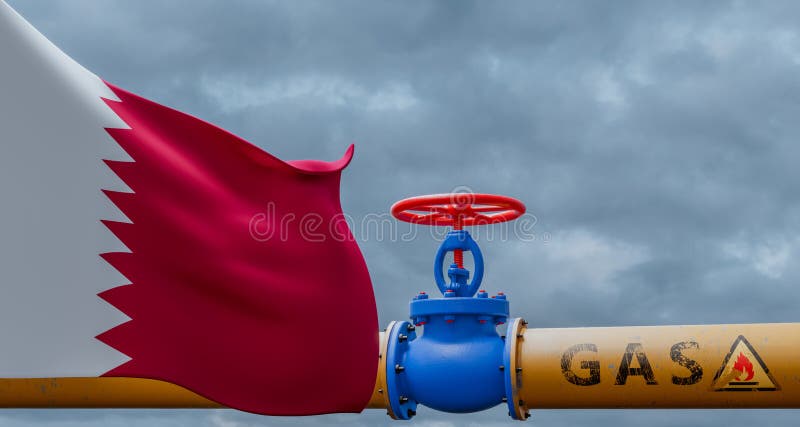 Qatar gas, valve on the main gas pipeline Qatar, Pipeline with flag Qatar, Pipes of gas from Qatar, 3D work and 3D image royalty free illustration