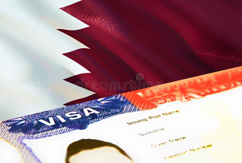Qatar immigration document close up. Passport visa on Qatar flag. Qatar visitor visa in passport,3D rendering. Qatar multi royalty free illustration