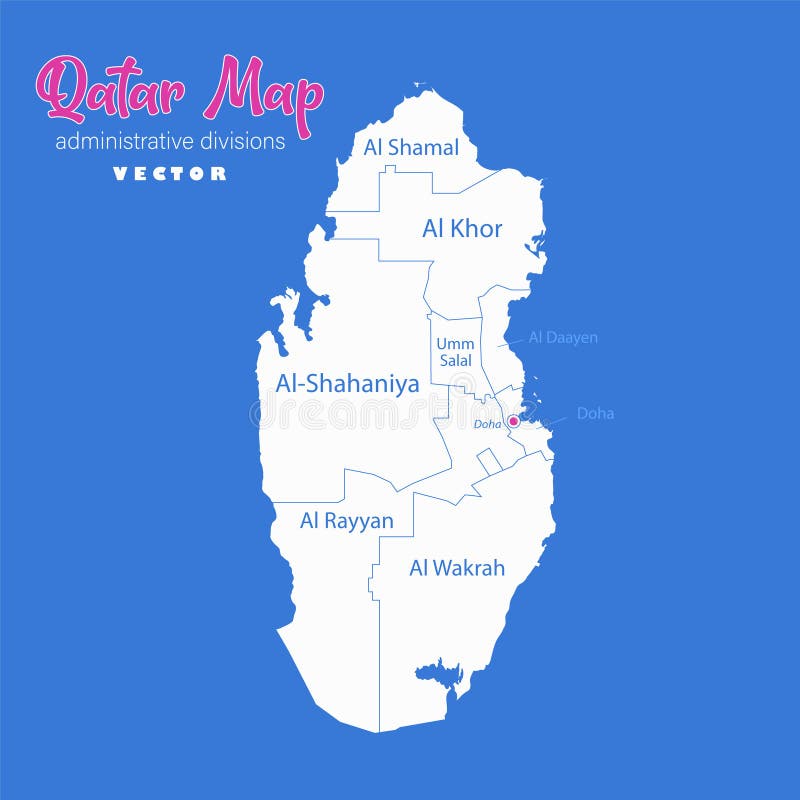 Qatar Map, Administrative Divisions Whit Names Regions, Blue Background