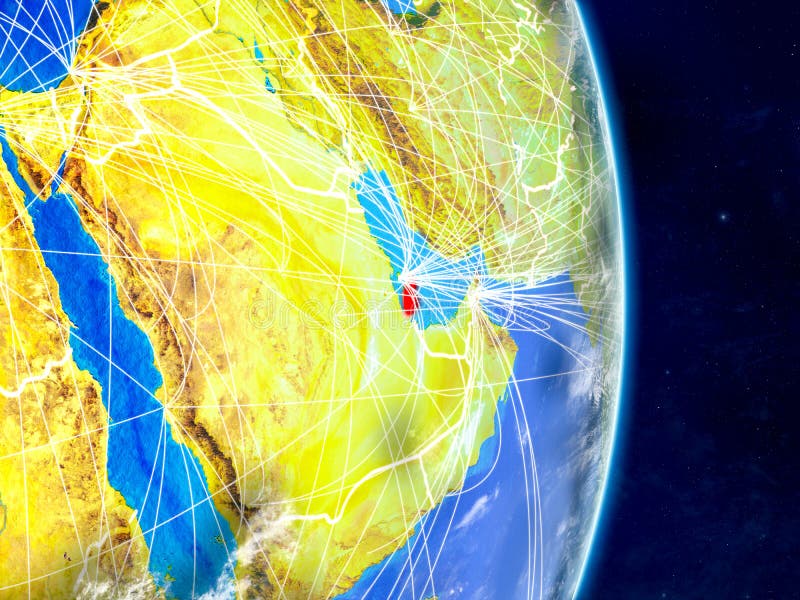 Qatar on Planet Earth with Networks. Extremely Detailed Planet Surface and Clouds. 3D 