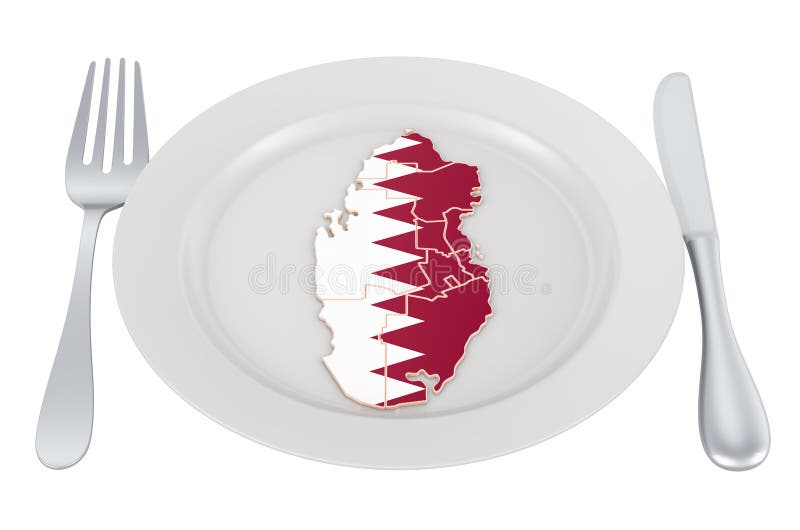 Qatari Cuisine Concept. Plate with Map of Qatar Stock Illustration Illustration of meal, fork