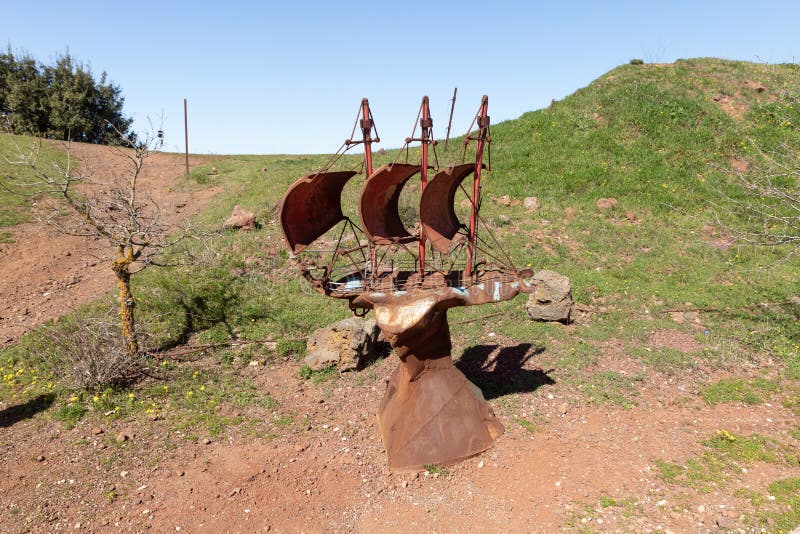 Qatsrin, Israel, February 13, 2021 : A sailing vessel sculpture made from scrap metal left behind by soldiers after the cessation of hostilities in 1973 on Mount Bental, in the Golan Heights, in northern Israel