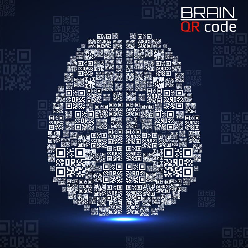 QR code brain. Silhouette human brain with qr code. Technology concept vector illustration