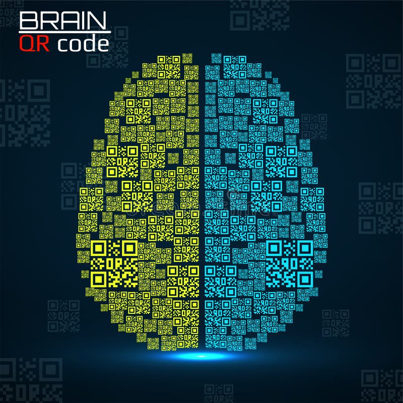 QR code brain. Silhouette human brain with qr code. Technology concept vector illustration