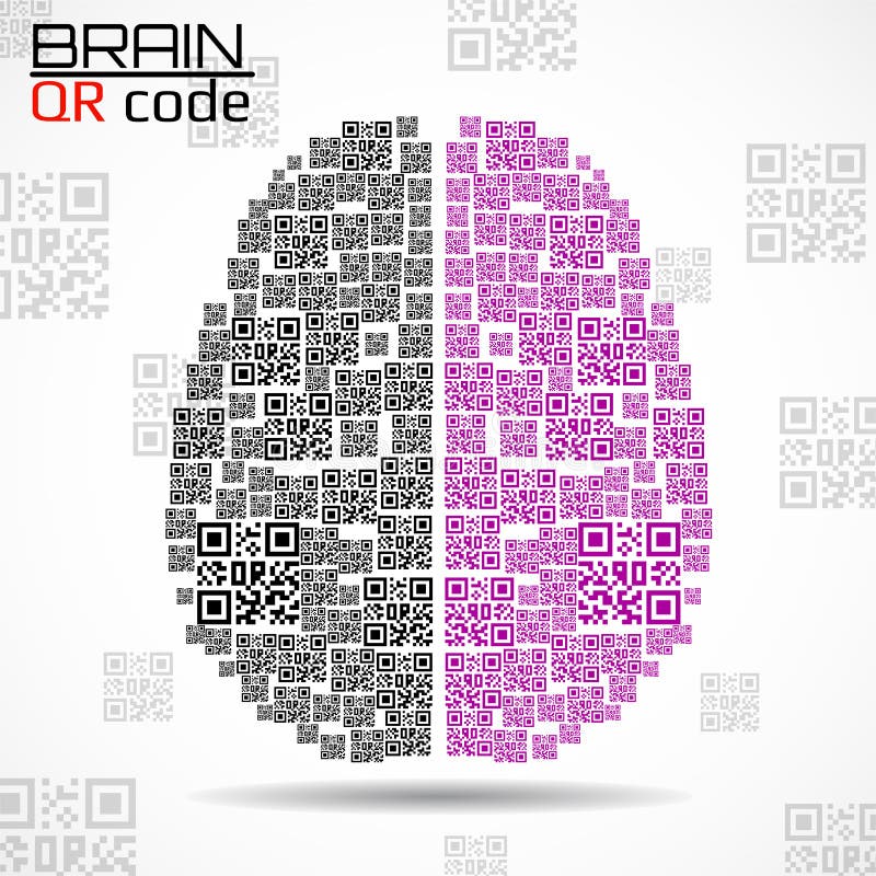 QR code brain. Silhouette human brain with qr code. Technology concept stock illustration