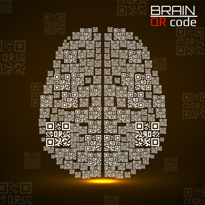 QR code brain. Silhouette human brain with qr code. Technology concept stock illustration