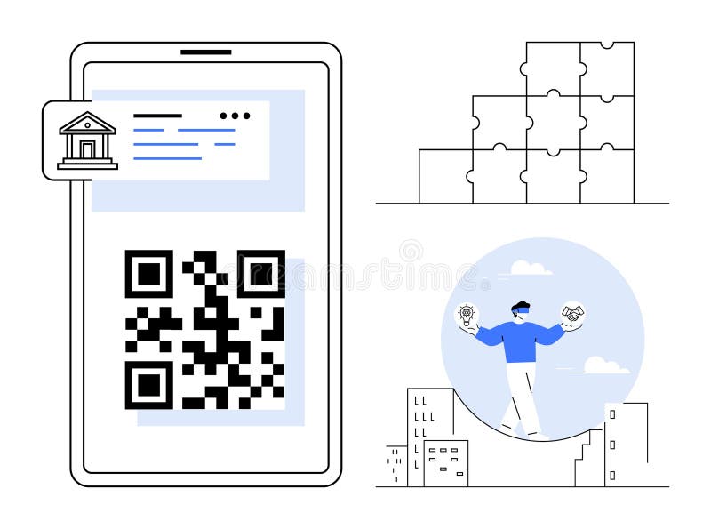 Digital Financial Transactions and Problem Solving Concepts with QR Code, Puzzle Pieces, and Balance Illustration vector illustration