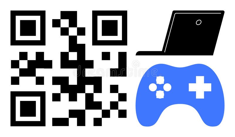 QR Code, Laptop, and Game Controller Tech, Gaming, and Digital Connectivity vector illustration