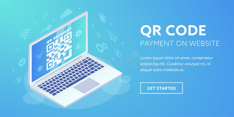 QR code payment on website banner. 3d Scan barcode on laptop screen concept, Online QR pay isometric vector. Digital internet stock illustration