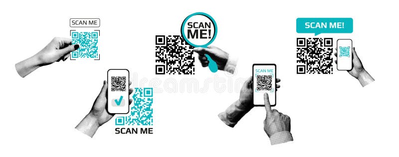 QR code scan. Set of halftone icons with a QR code and a smartphone in hand, modern vector illustration for payment, mobile app vector illustration