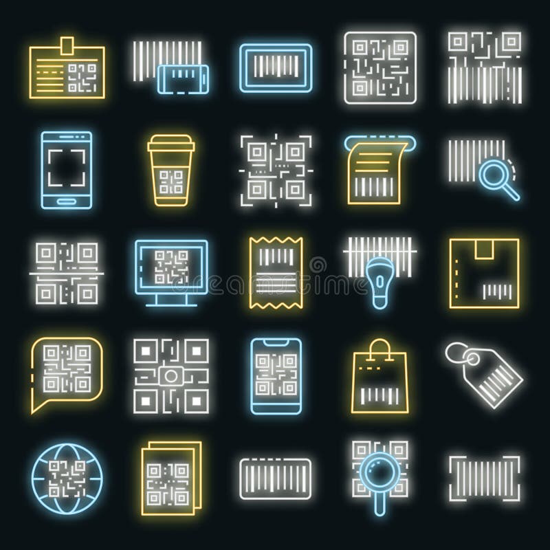 Qr código iconos conjunto vector neón stock de ilustración