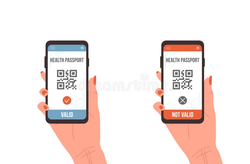 QR code with health passport. Female hand holding smartphone with electronic valid and not valid vaccination certificate. Check of safety from covid-19. Vector illustration in flat cartoon style. QR code with health passport. Female hand holding smartphone with electronic valid and not valid vaccination certificate. Check of safety from covid-19. Vector illustration in flat cartoon style.