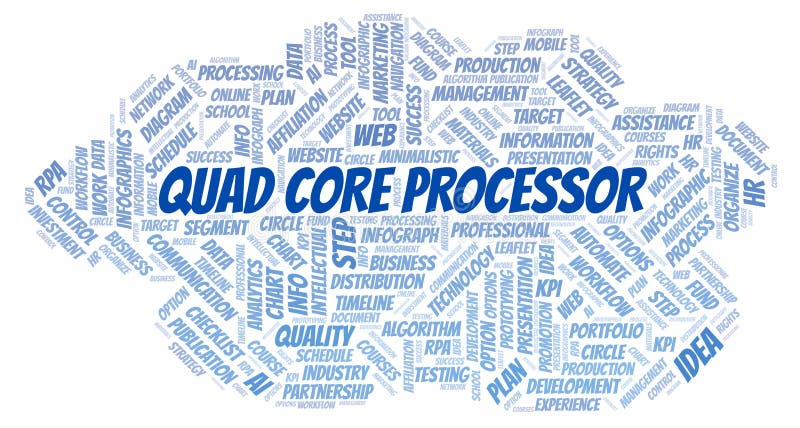 Quad Core Processor typography word cloud create with the text only. stock illustration