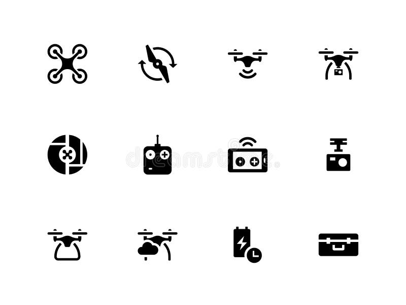 Quadcopter and flying drone icons on white stock illustration