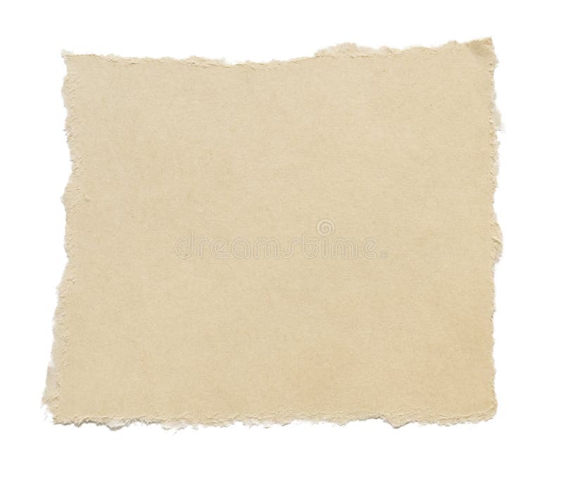 Quadratischen Stück Papier mit den gewalttätigen Kanten isoliert auf weißem Hintergrund. zerrissene braune Papierbeschaffenheit stockfoto
