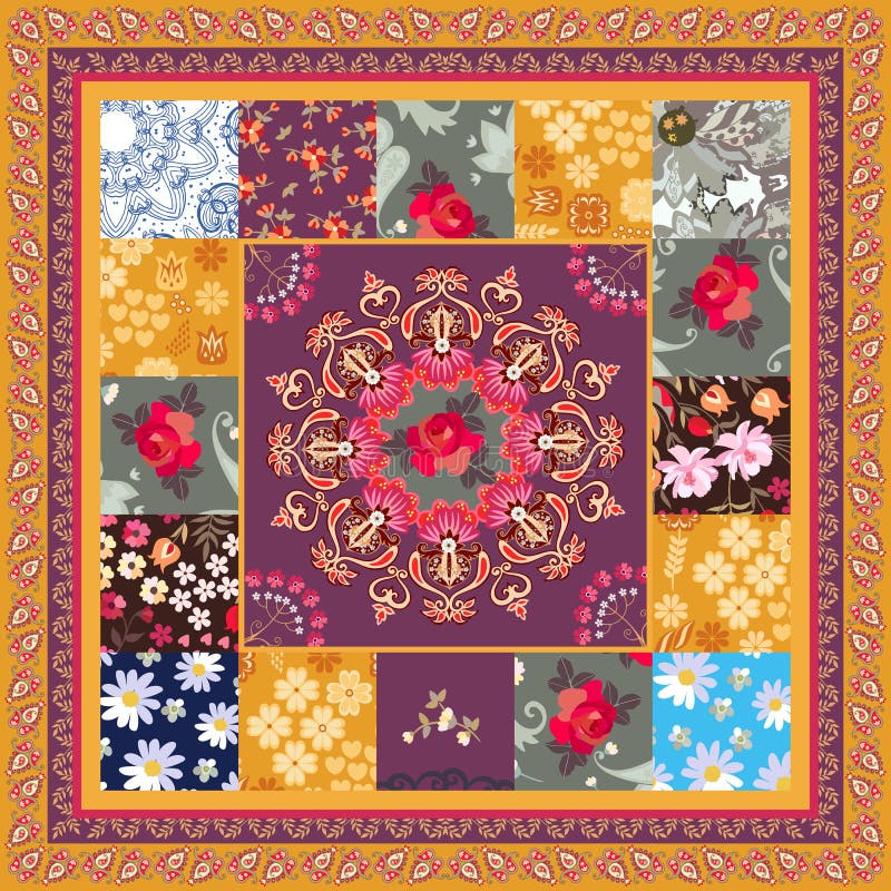 Quadratisches Patchworkmuster mit Mandala, Rose, Gänseblümchen, Kosmosblumen und Paisley-Grenze im Vektor Ethnische Motive Boho-A vektor abbildung Quadratisches Patchworkmuster mit Mandala, Rose, Gänseblümchen, Kosmosblumen und Paisley-Grenze im Vektor Ethnische Motive Boho-A vektor abbildung