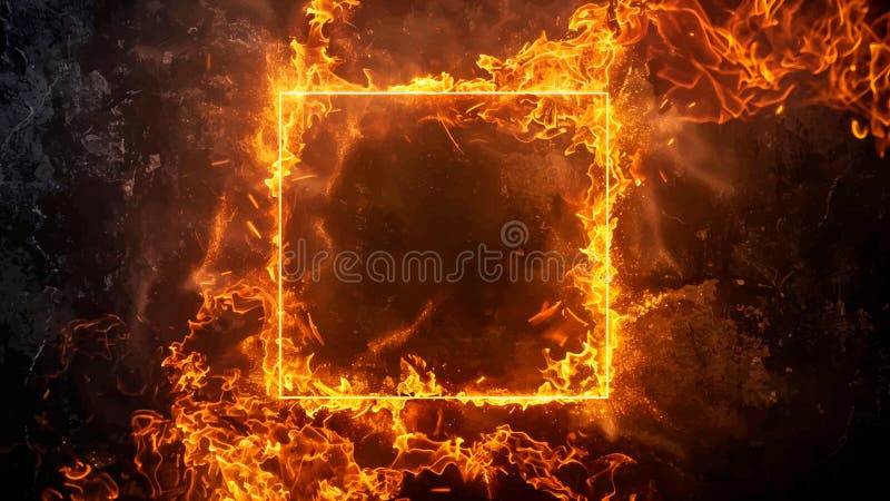 Quadrato dorato circondato da fiamme colorate luminose disposte su uno sfondo scuro, creando un effetto visivo audace e fiero illustrazione di stock